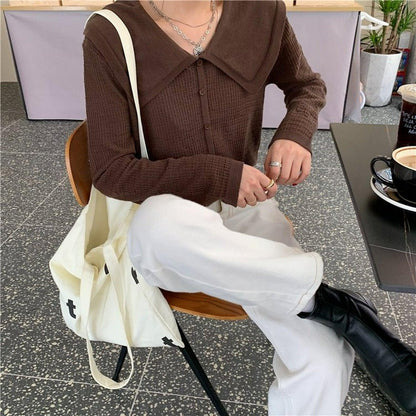 長袖ビッグラペルニットシャツ - momo collection