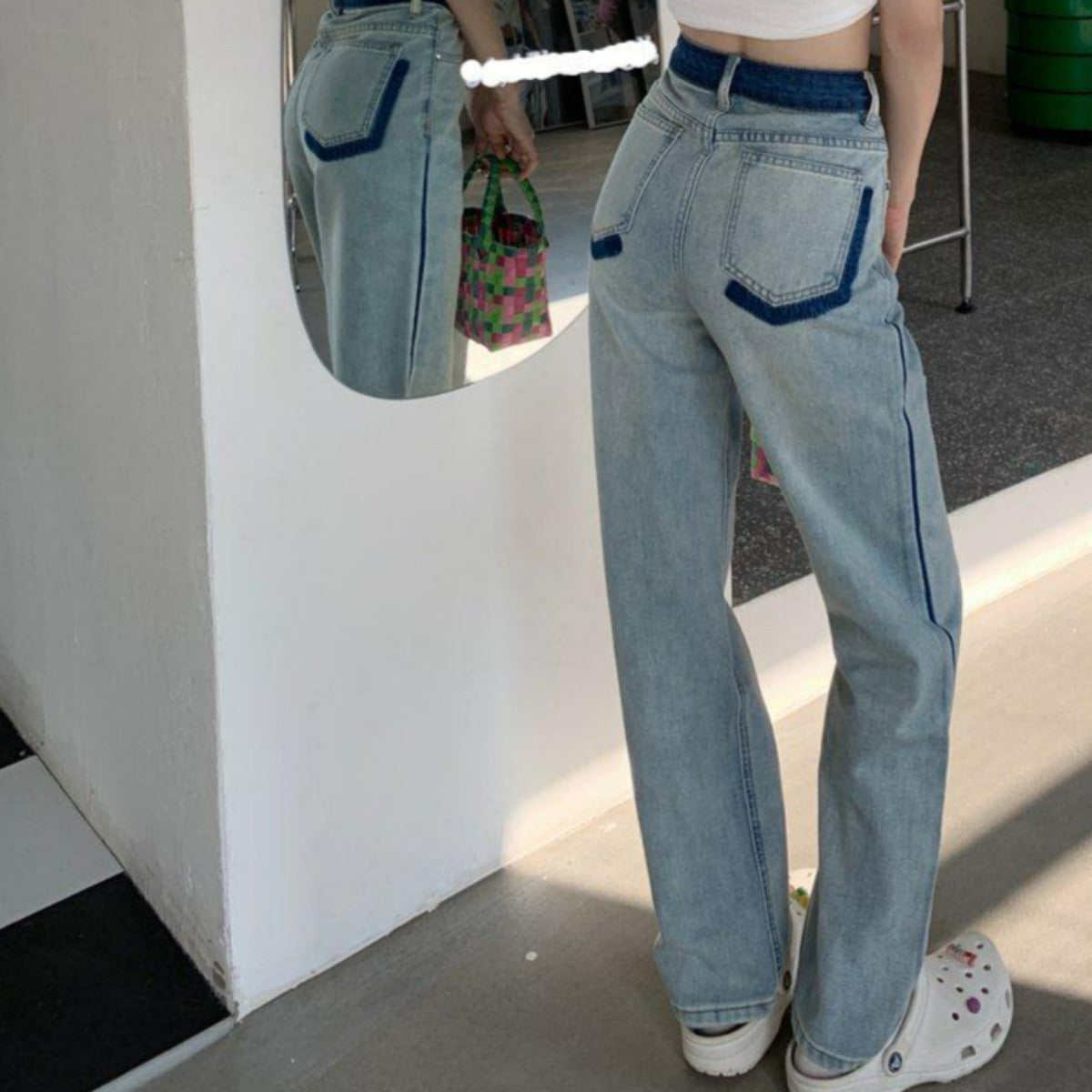 ハイウエストブルーストレートジーンズ - momo collection