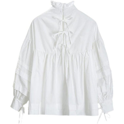 ルーズレースアップ長袖プルオーバーホワイトシャツ - momo collection